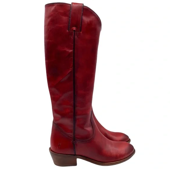 NEW Frye Carson Leather Pull On Heeled Tall Riding Boot in Crimson Red Size 6 - Picture 5 of 12
